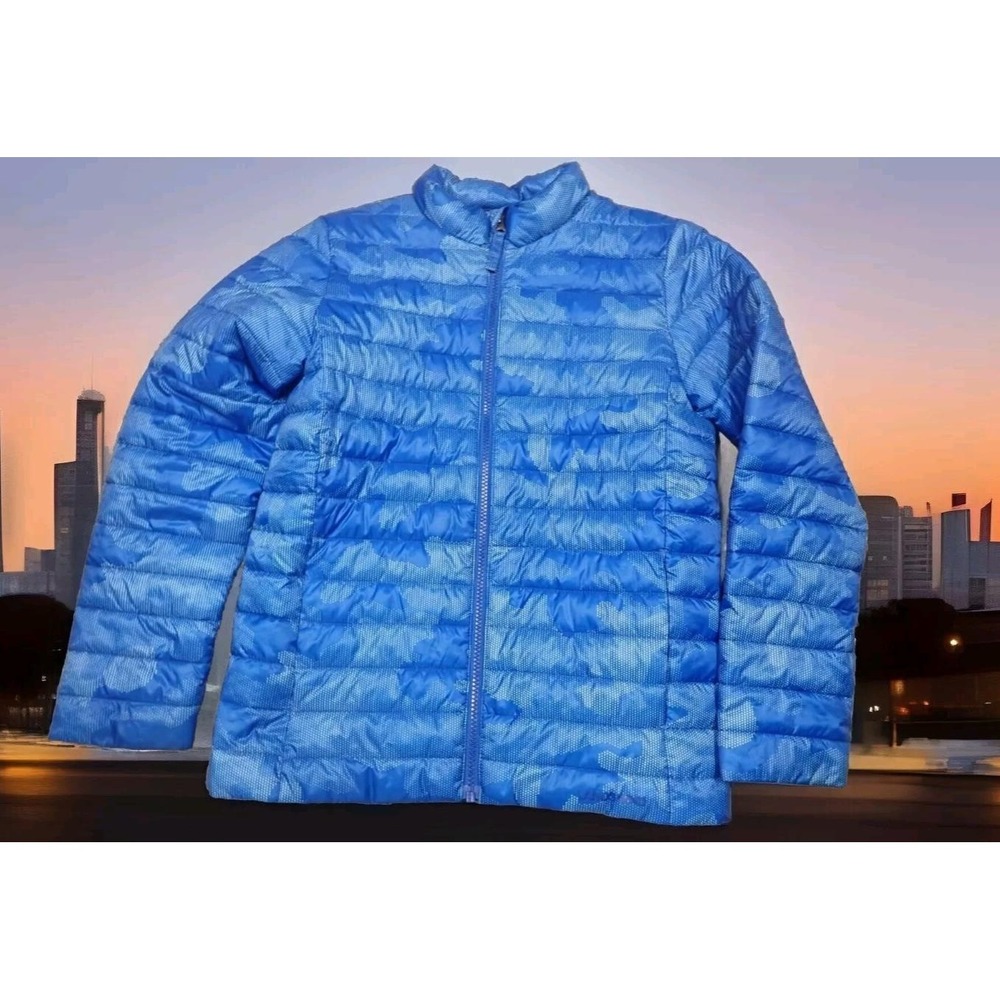 Lands End Puffer Jacket Boys Medium 10/12 Blue Excellent PrimaLoft Camo Coat